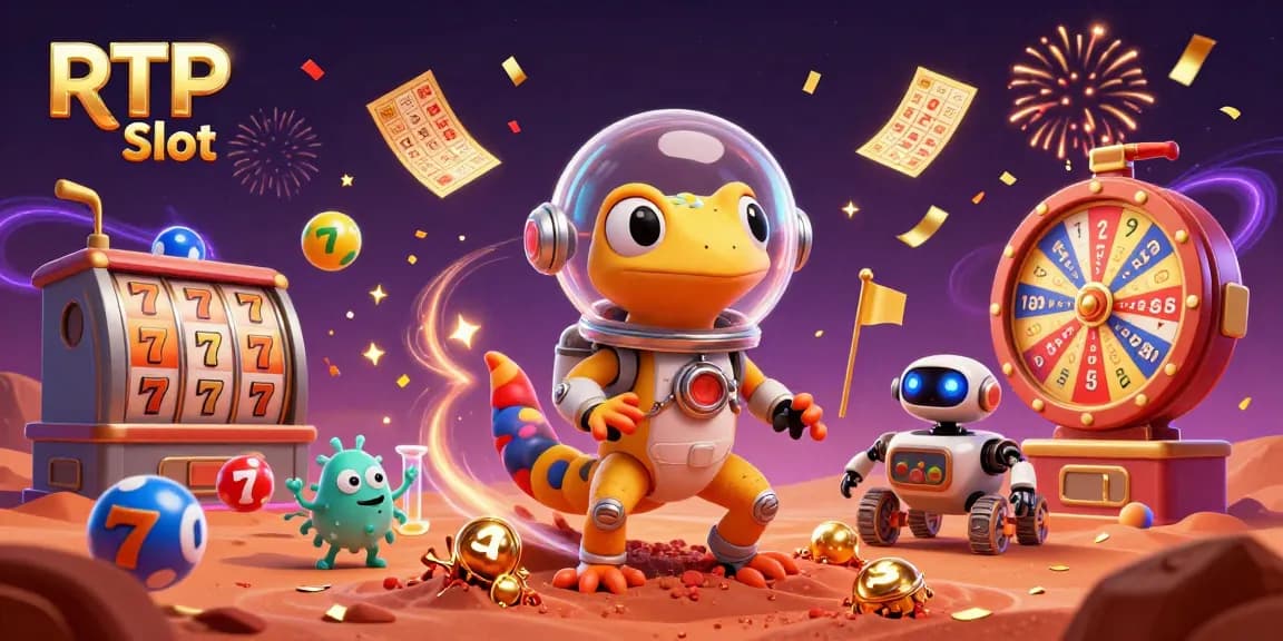 Experience RTP Slot action as a Martian gecko discovers a golden casino in a vibrant alien world.