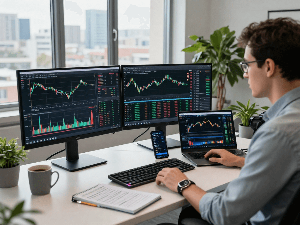 实时行情分析，使用TradingView进行股票、外汇和加密货币交易的专业交易员工作场景