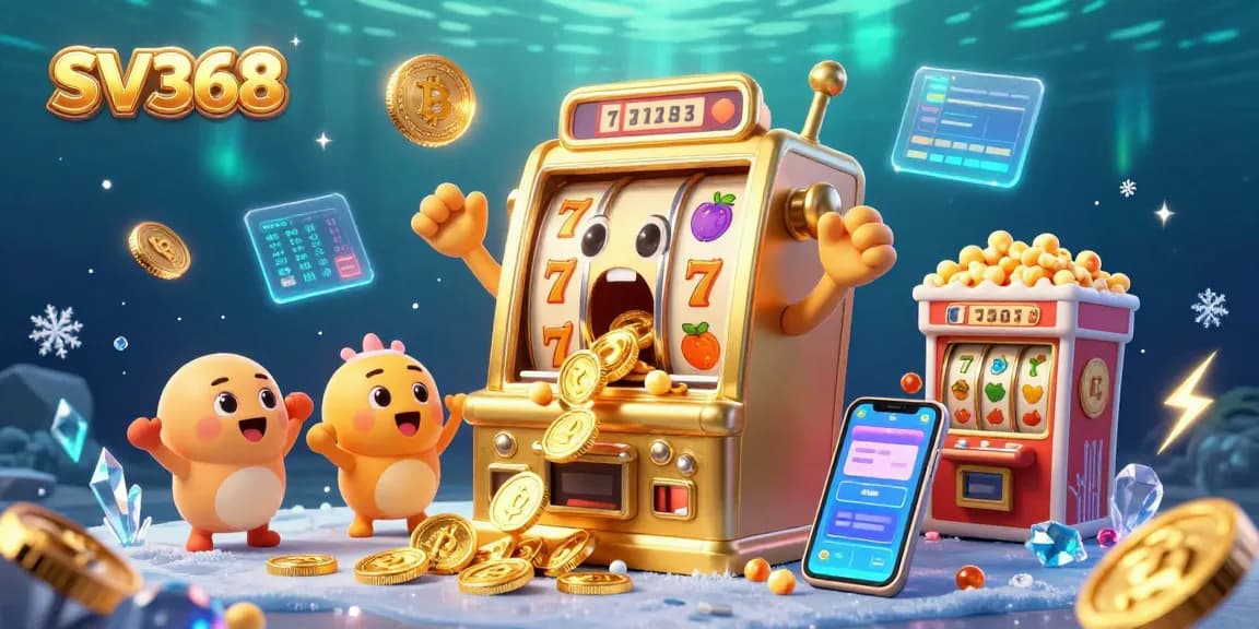 Join the excitement at SV368 with vibrant slot machines celebrating jackpots amidst shining crypto coins and colorful casino elements.