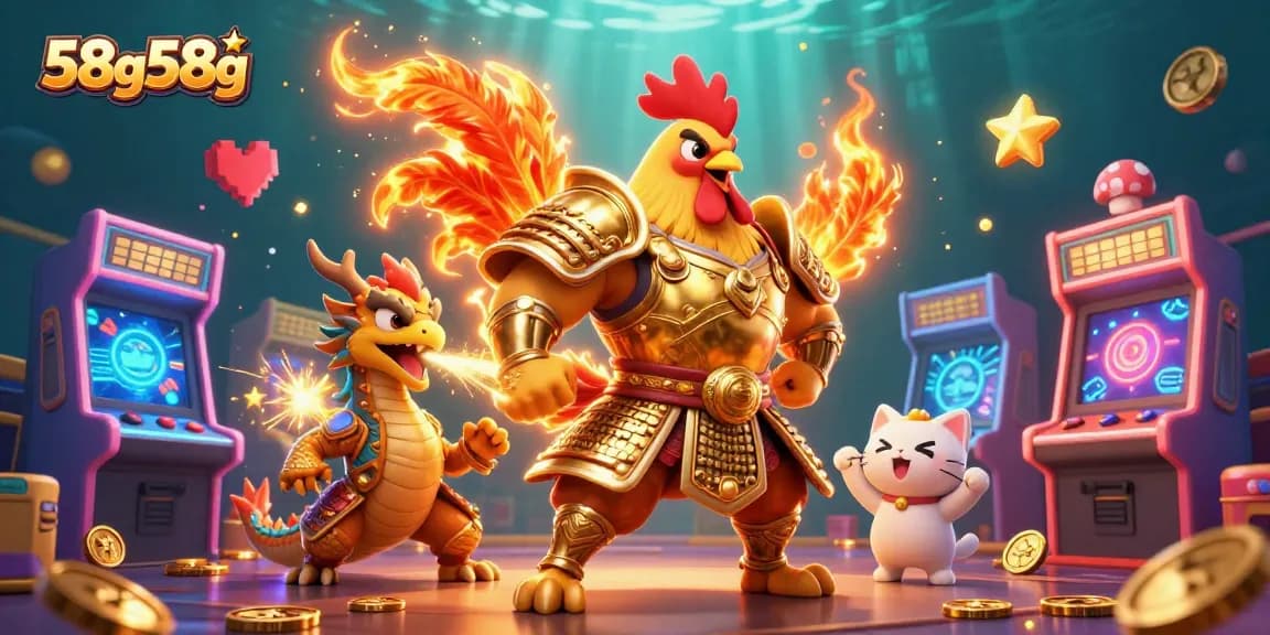 Engage with the thrilling world of 58g58g featuring rooster warriors and dragons in a lively casino scene.