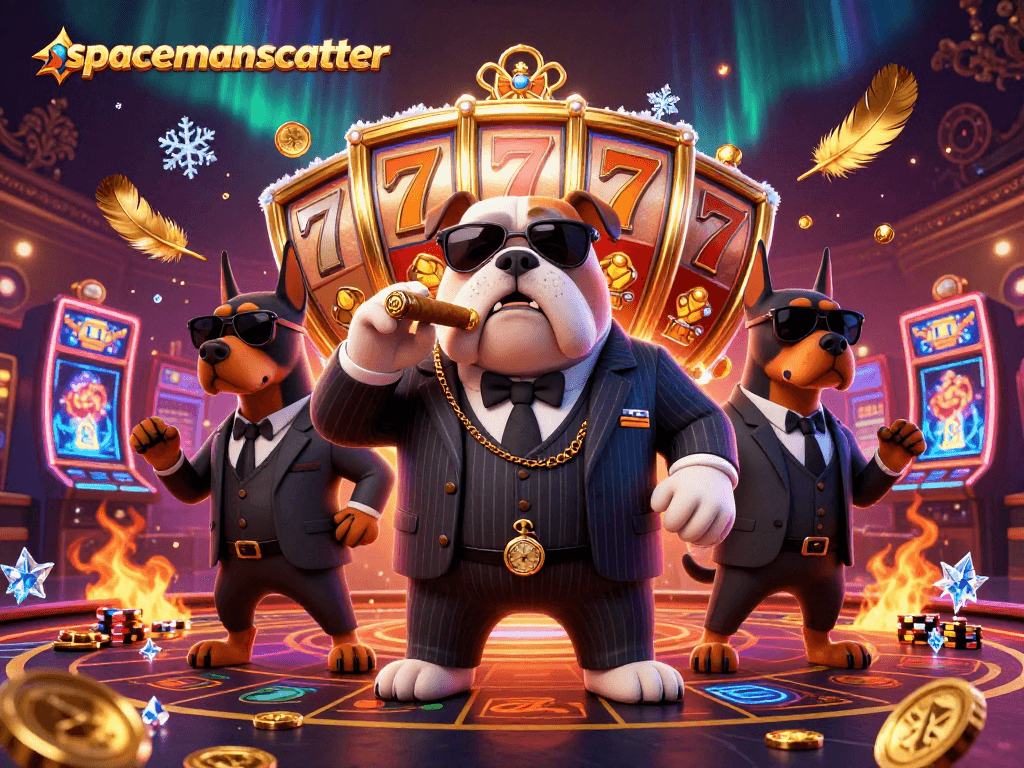 Engage with spacemanscatter games featuring a mafia bulldog and Doberman guards amidst vibrant casino elements.