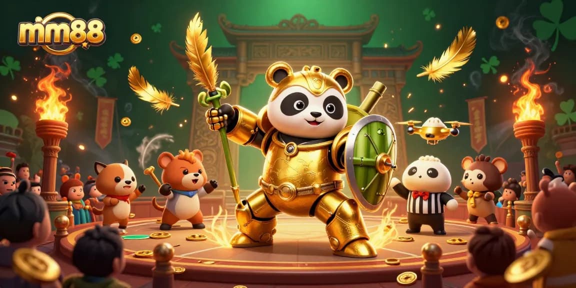 Engage with mm88's thrilling gaming experience featuring a vibrant mech-suit panda in a lively casino arena.