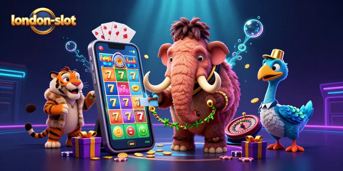 Engage with london-slot's thrilling experience featuring a mammoth bouncer and a saber-tooth VIP enjoying slot games.