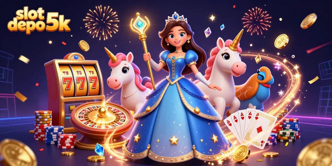 Engage with slot depo 5k through an enchanting illustration of a regal woman, unicorn, and vibrant casino atmosphere.