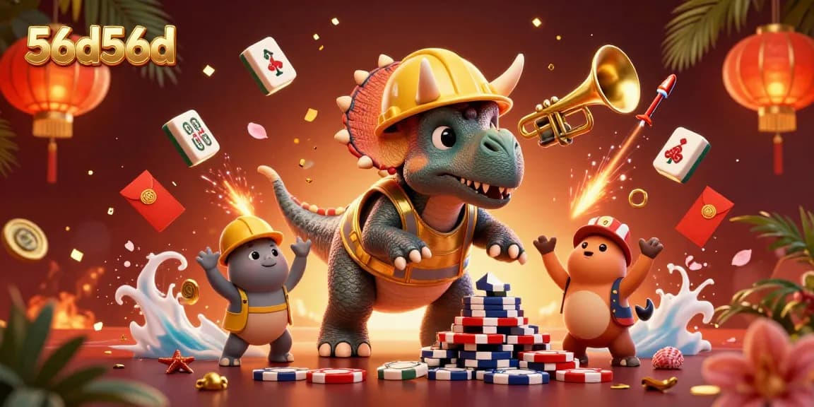 Celebrate wins at 56d56d with a poker chip pyramid and cheerful gaming characters.