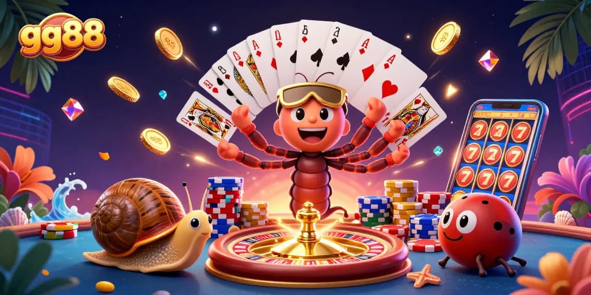 Join the excitement at gg88 with a dynamic casino illustration featuring a millipede dealer and high-roller snail.