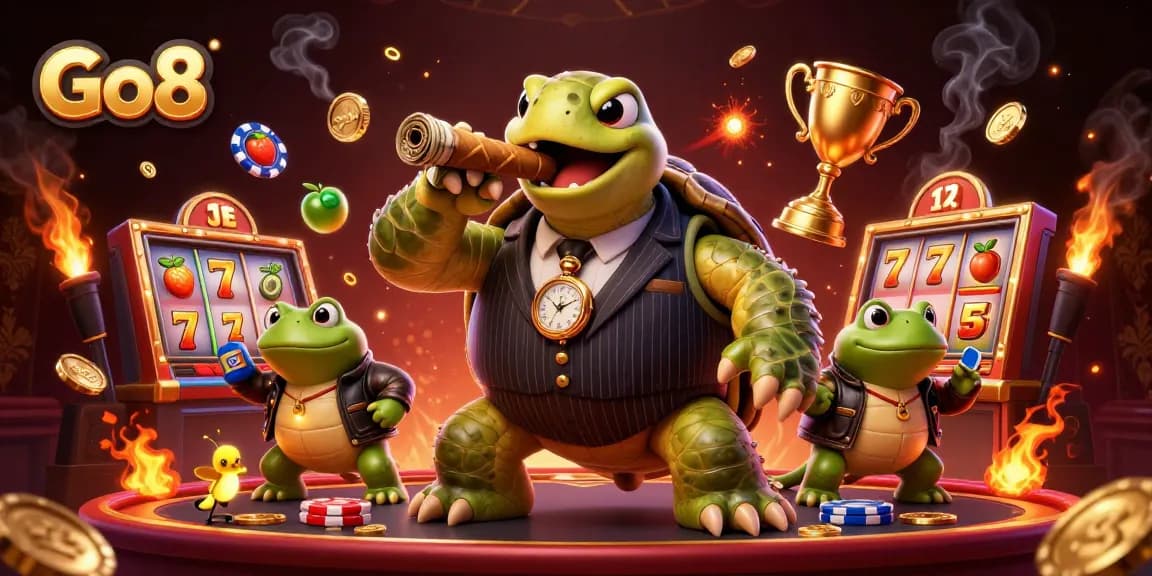 Go8 showcases a vibrant cartoon turtle in a gambling scene filled with dynamic slot machines and colorful casino elements.