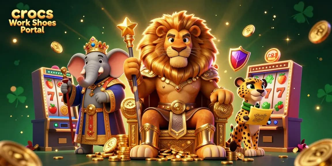Crocs Work Shoes Portal showcases a vibrant winning scene with a fierce lion king and slot reels