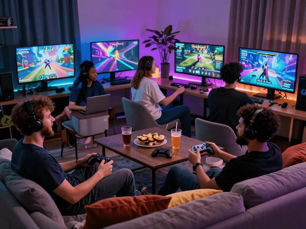 Adult players enjoying immersive porn games in a cozy gaming setup.