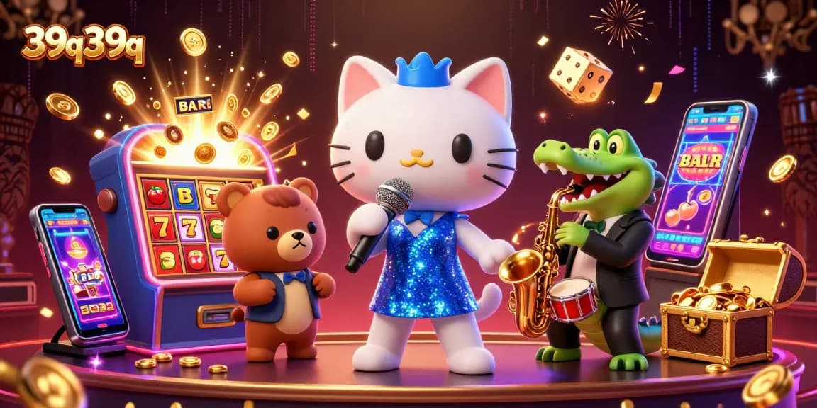Experience the excitement of 39q39q with animated casino characters and vibrant game symbols.