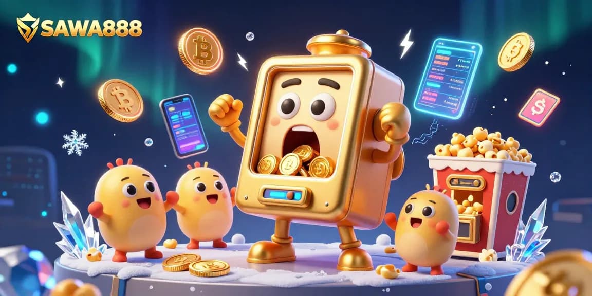 SAWA888 showcases a joyful golden slot machine hitting a jackpot amidst vibrant casino elements.