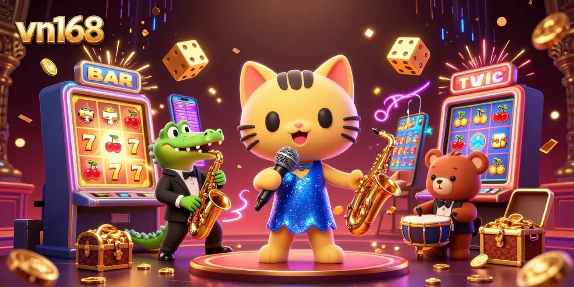 Experience vibrant casino entertainment with vn168's jazz-singer cat and dynamic gaming elements.