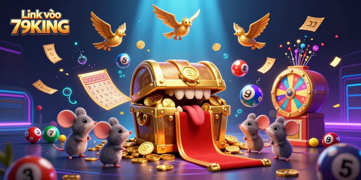 Engaging digital illustration of Link vào 79KING featuring vibrant lottery elements and treasure chest.