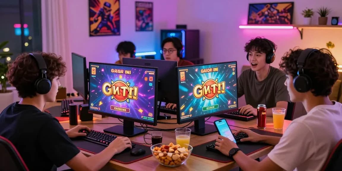 Experience slot gacor hari ini with excited players enjoying online gaming in a vibrant home setting.
