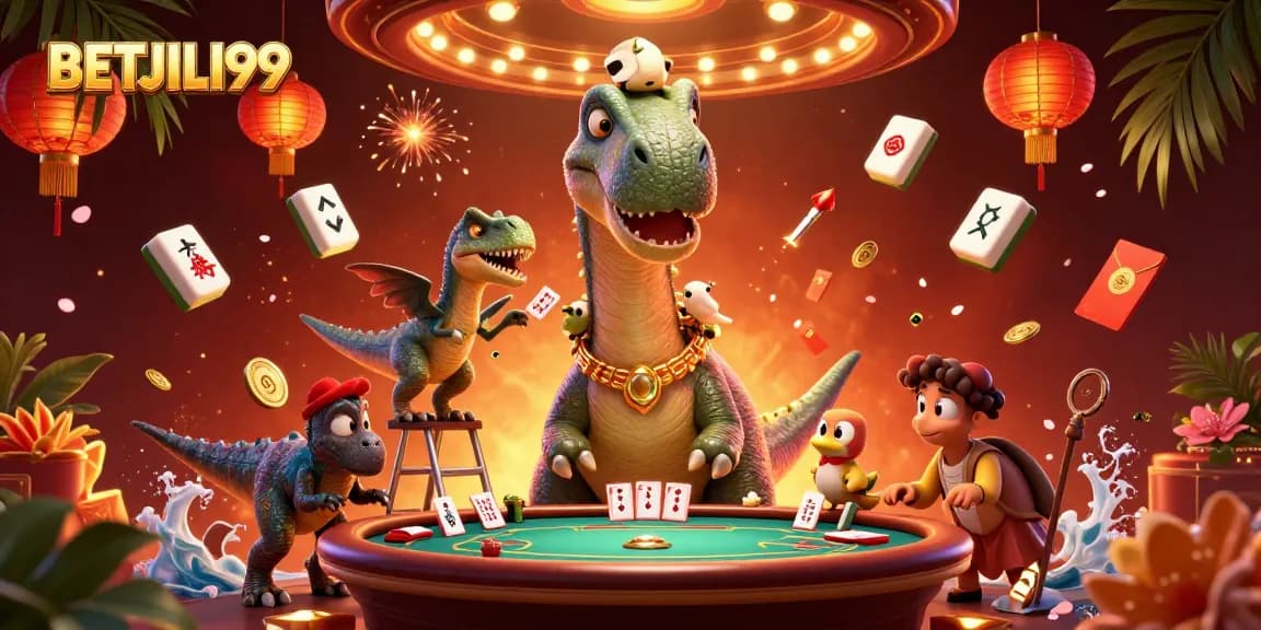 Enjoy a thrilling gaming moment with BETJILI99 at an animated casino featuring lively characters and vibrant elements.
