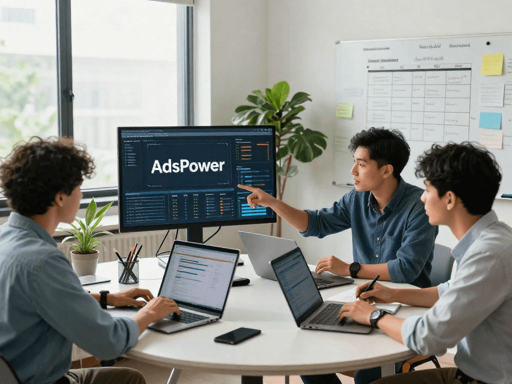 AdsPower界面展示，数字营销团队在现代办公空间中讨论项目策略，突显专业合作氛围