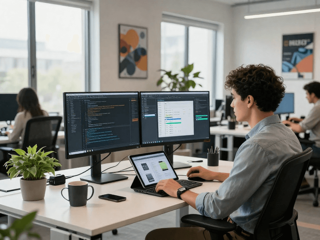 Developer using lavowin login in a modern workspace with multiple screens and natural light.