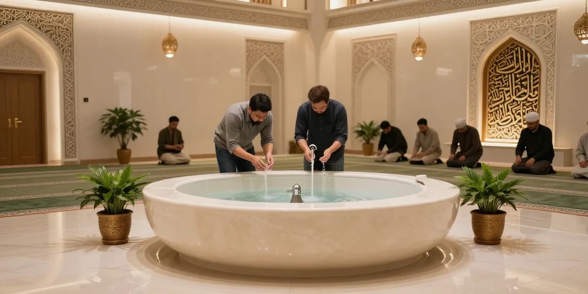 Stylish wudu basin in a serene mosque prayer room, highlighting rich designs and calm ambiance.