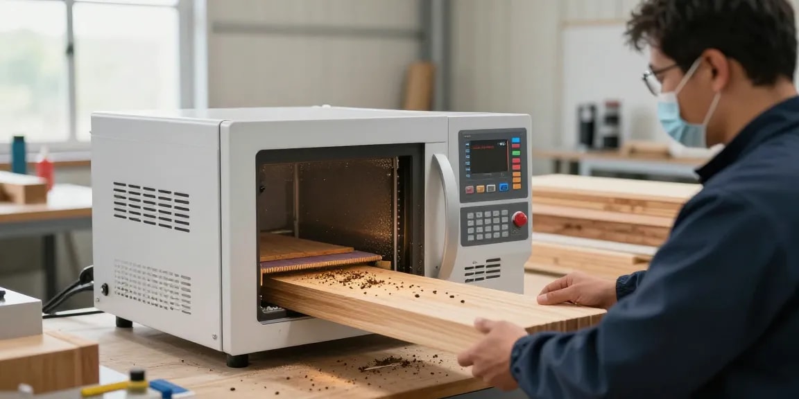 Shashel microwave device eliminating wood-boring insects in a safe, industrial treatment setting