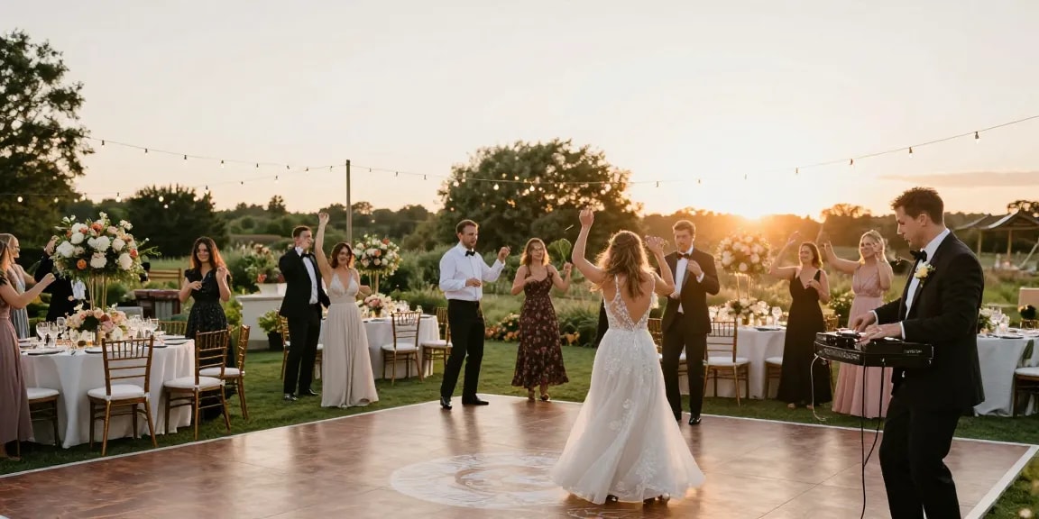 Hochzeit DJ Berlin - Professioneller DJ auf einer eleganten Hochzeitsfeier im Freien mit feierlichen Gästen.