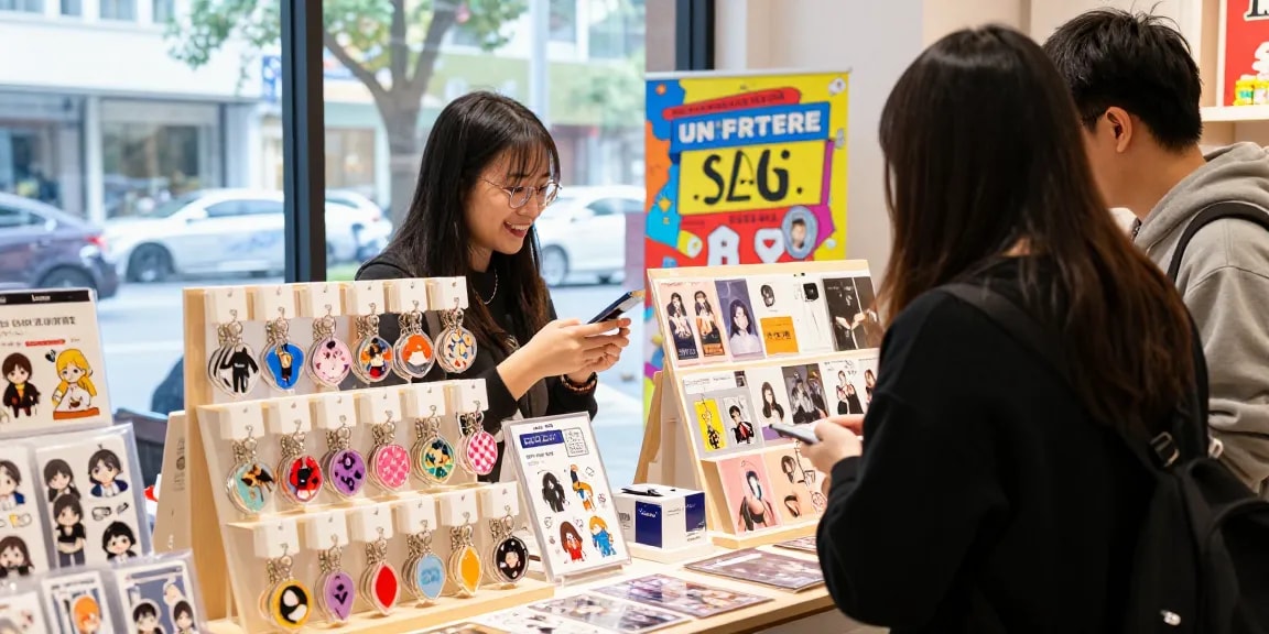 Custom acrylic keychain display in a vibrant retail setting with a shop attendant engaging customers.