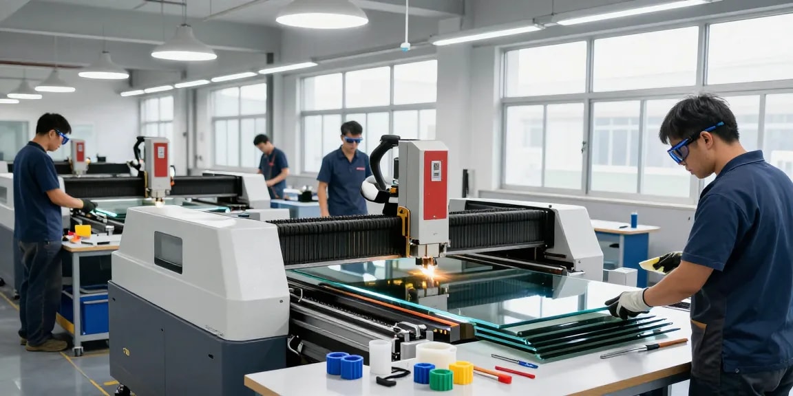 Technicians operating advanced glass cutting machines in a vibrant industrial workshop.