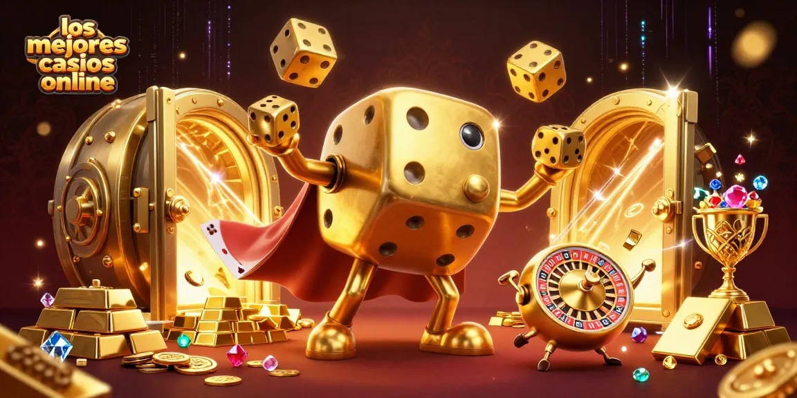 Visualiza los mejores casinos online con un golem de dados dorados jugando y riqueza brillante a su alrededor.