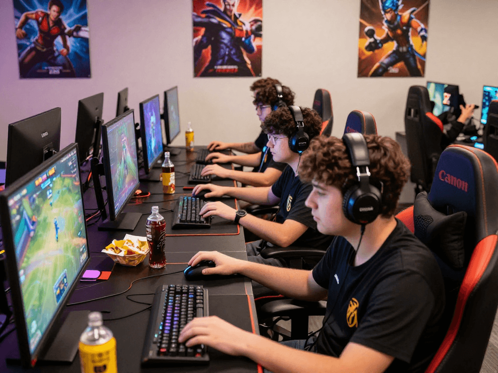 Engaging scene of players in a raja 328 gaming competition, showcasing intense focus and excitement.