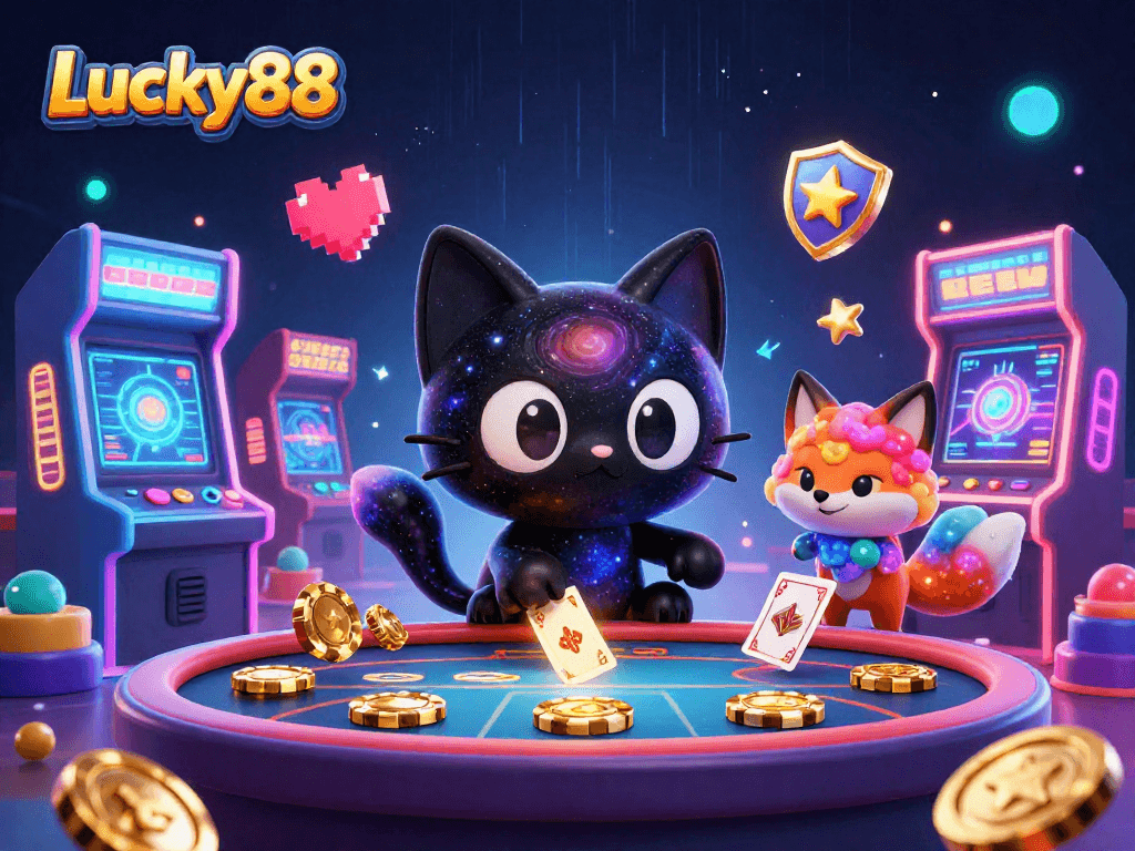 Experience energetic gameplay at Lucky88, featuring a cosmic casino scene with animated, vibrant characters.