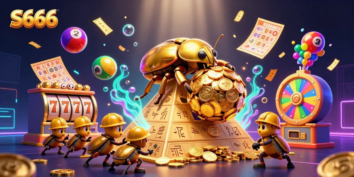 S666: Celebrate with a vibrant golden beetle scene showcasing casino excitement and lottery dynamics.