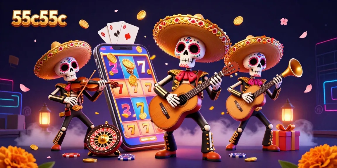 Engage with the vibrant 55c55c casino scene featuring dynamic mariachi skeletons and lively slot games.