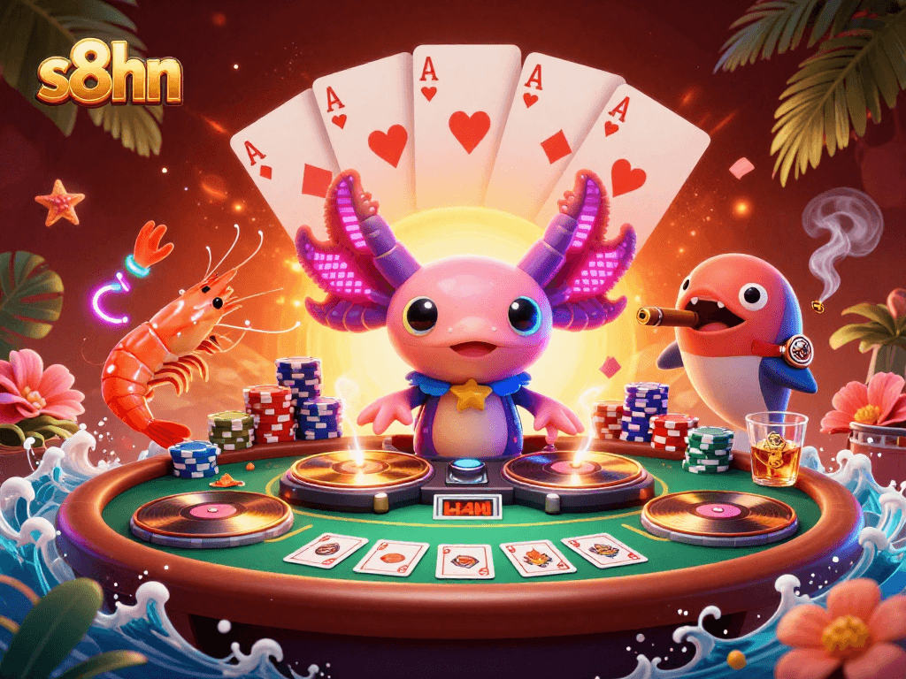 s8hn features an axolotl DJ spinning records with poker elements in a vibrant party scene