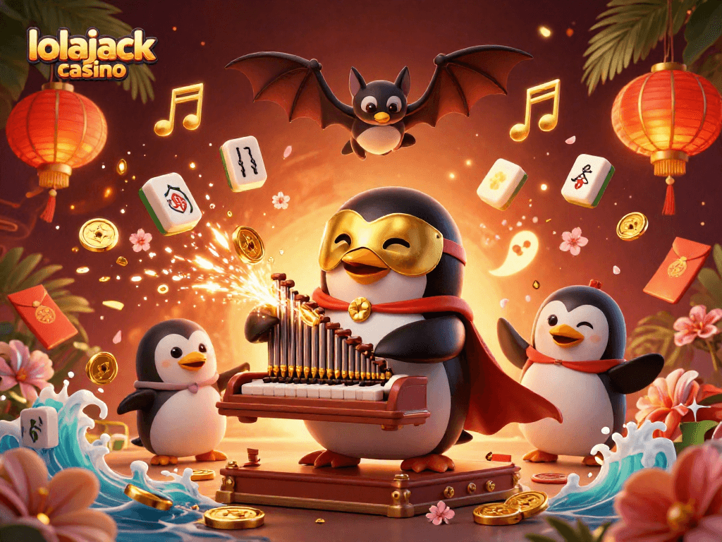 Experience the thrilling entertainment at lolajack casino with a vibrant 3D illustration of a phantom opera penguin.