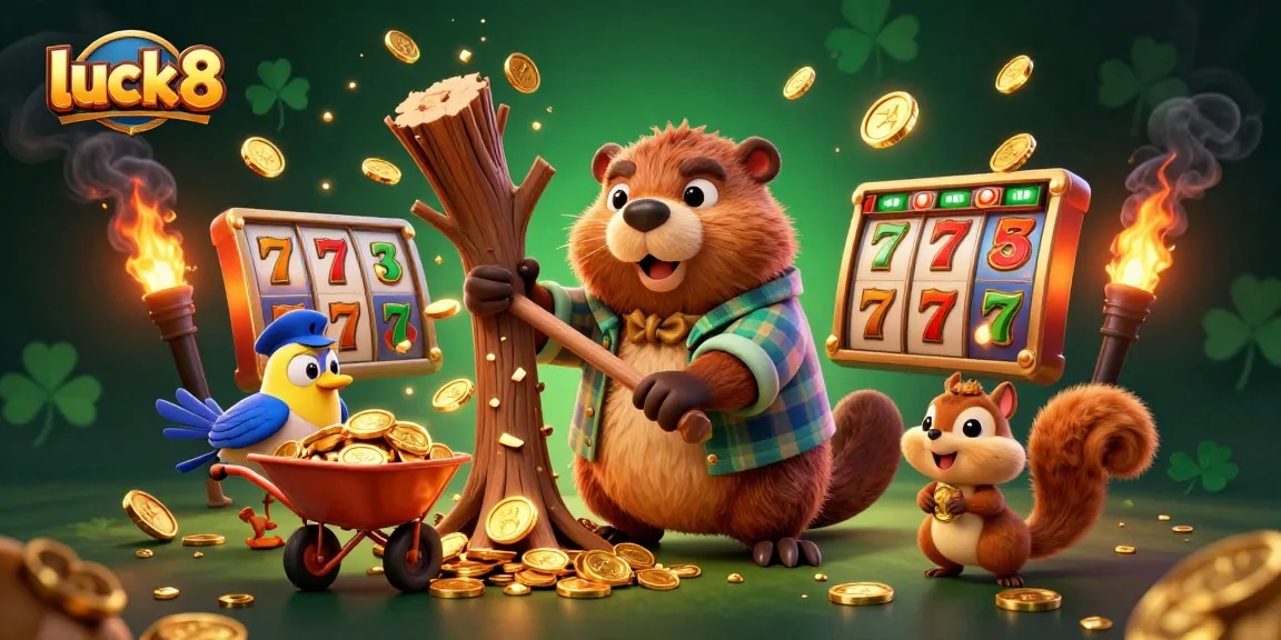 Experience the thrill of luck8 with a whimsical 3D casino scene featuring vibrant characters and slot machine elements.