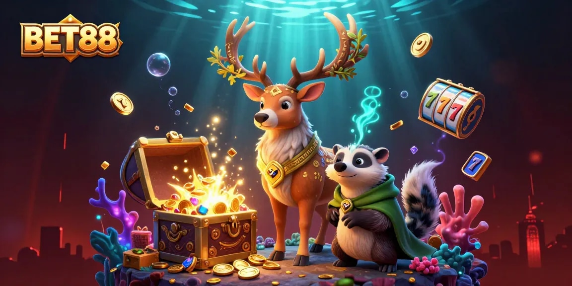 BET88 showcases a vibrant gaming atmosphere with an enchanting druid stag, colorful slot reels, and treasure elements.