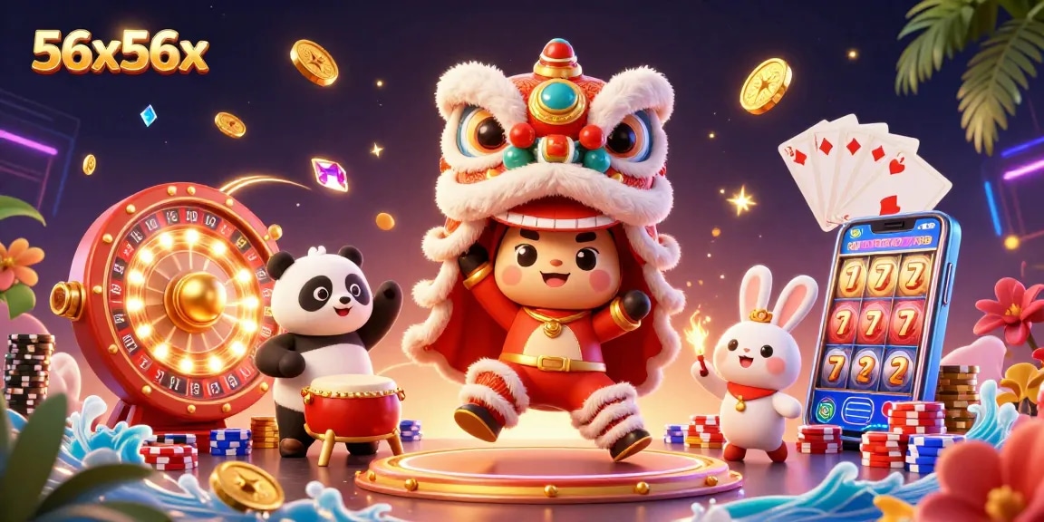 Experience the excitement of 56x56x with a vibrant casino scene of festive characters among dazzling treasures.
