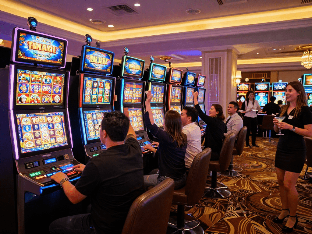 Excited players celebrating a slot jackpot win in a vibrant casino.