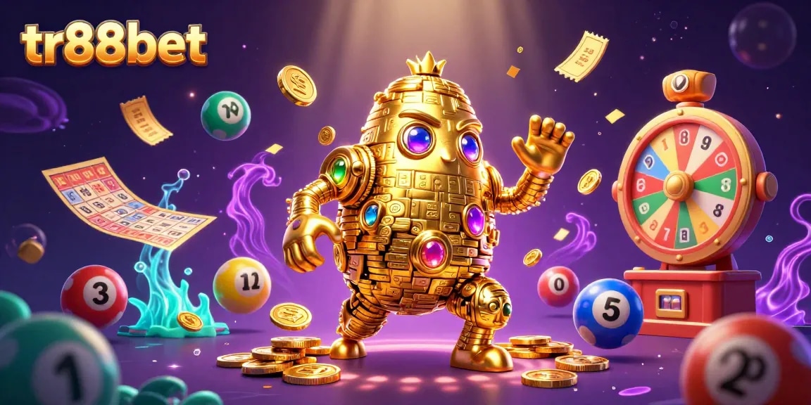 Experience the exciting world of tr88bet with an ancient golden golem surrounded by vibrant gaming elements.