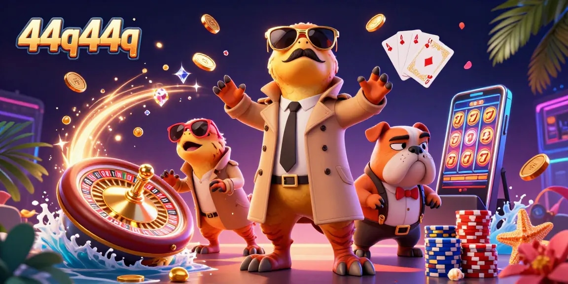 Os raptors da 44q44q tentam entrar no cassino VIP sob o olhar desconfiado de um bulldog, rodeados de fichas e cartas.