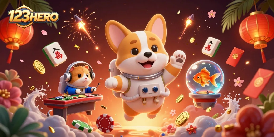 Engage with 123HERO in a vibrant space casino featuring colorful characters and dynamic gambling elements.