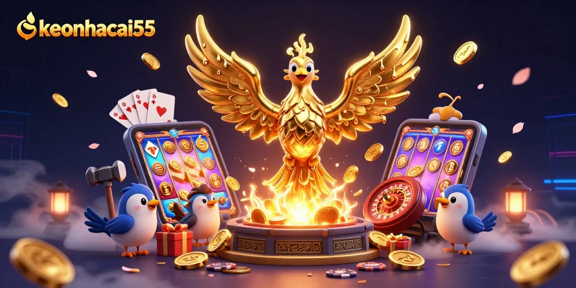 Experience excitement with keonhacai55 as golden phoenixes symbolize wealth in exquisite casino design.