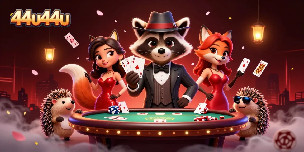 Engage in thrilling poker action with 44u44u's suave raccoon holding a royal flush.