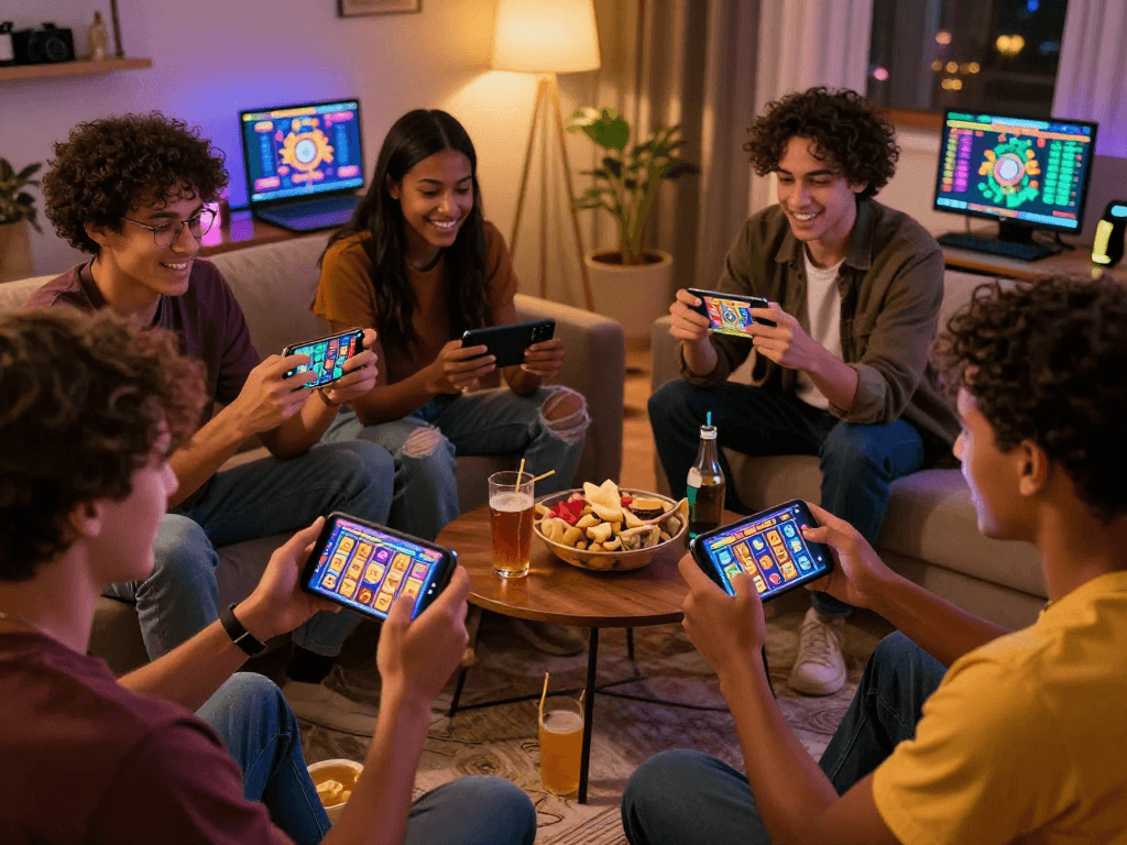 Friends enjoying gacor online slots in a cozy gaming setup, showcasing excitement and engagement.