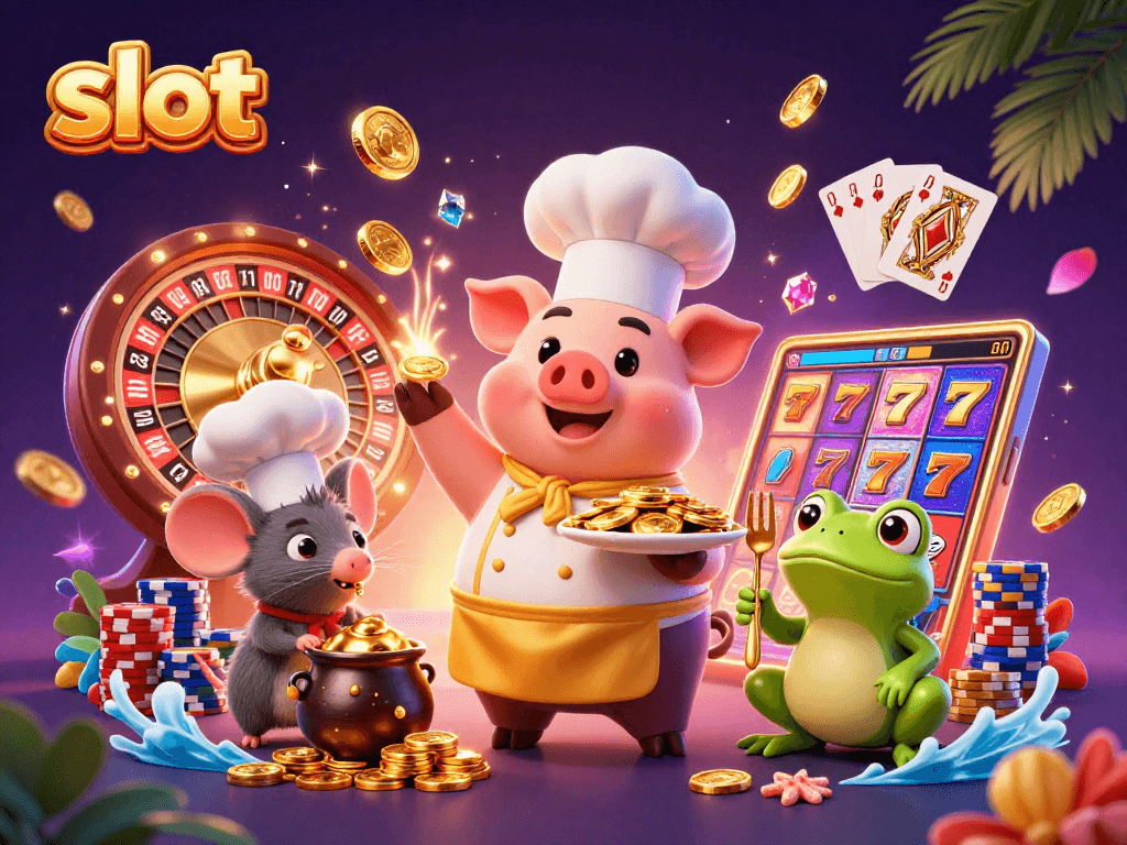 Slot penuh emas yang menarik dengan karakter memasak dan elemen kasino, menarik perhatian pemain.