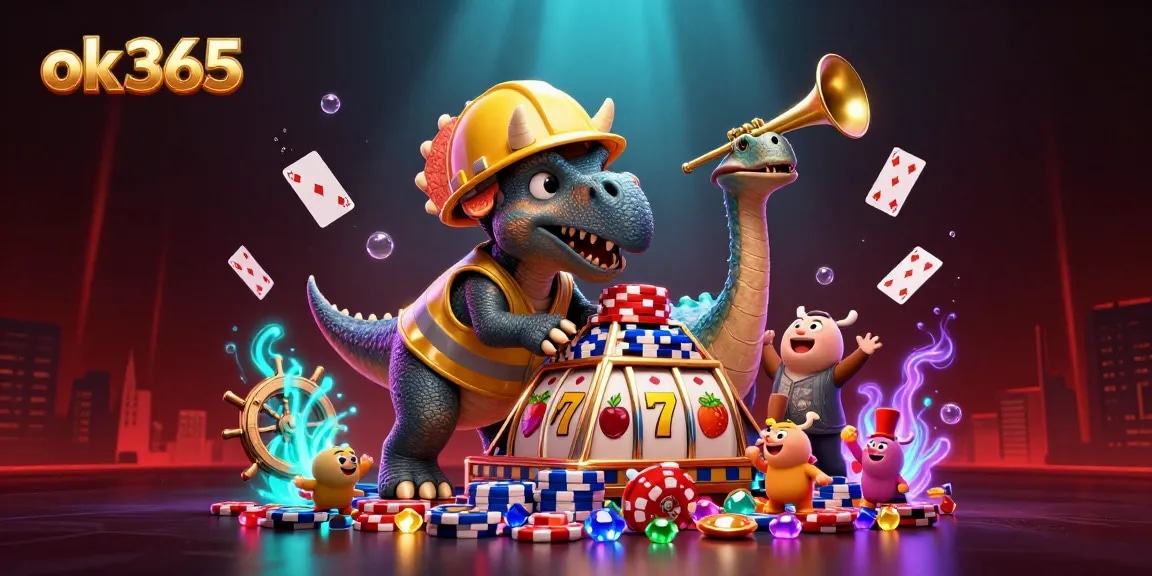 Celebrate winnings with ok365 in a vibrant 3D scene featuring a triceratops and vibrant casino elements.