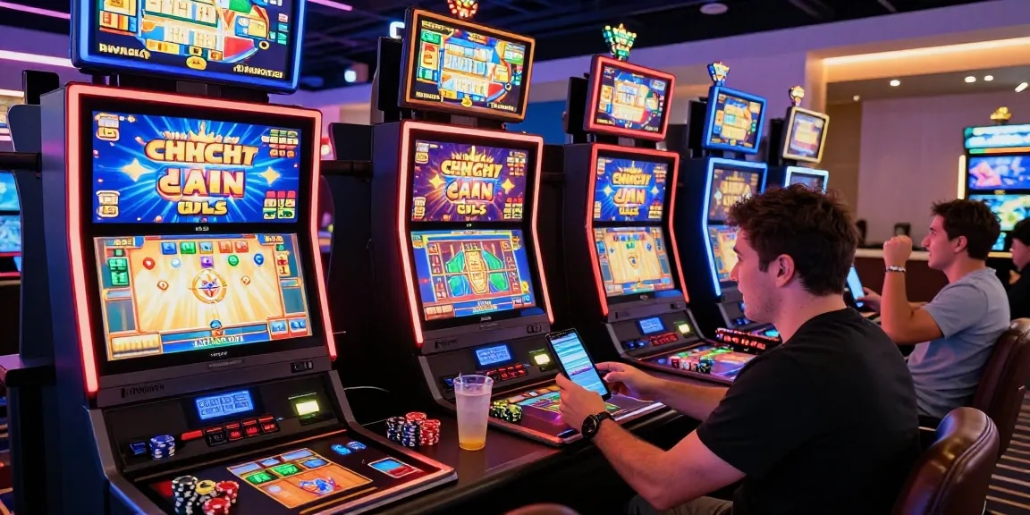 Exciting HWGSLOT online casino gaming scene, vibrant slot machines, players celebrating wins.