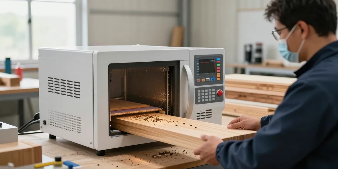 Shashel microwave device eliminating wood-boring insects in a safe, industrial treatment setting