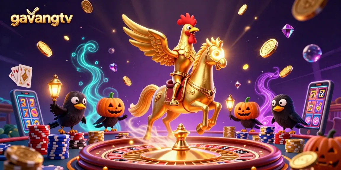 Engage with gavangtv's thrilling casino experience featuring golden rooster character amid vibrant gaming elements.