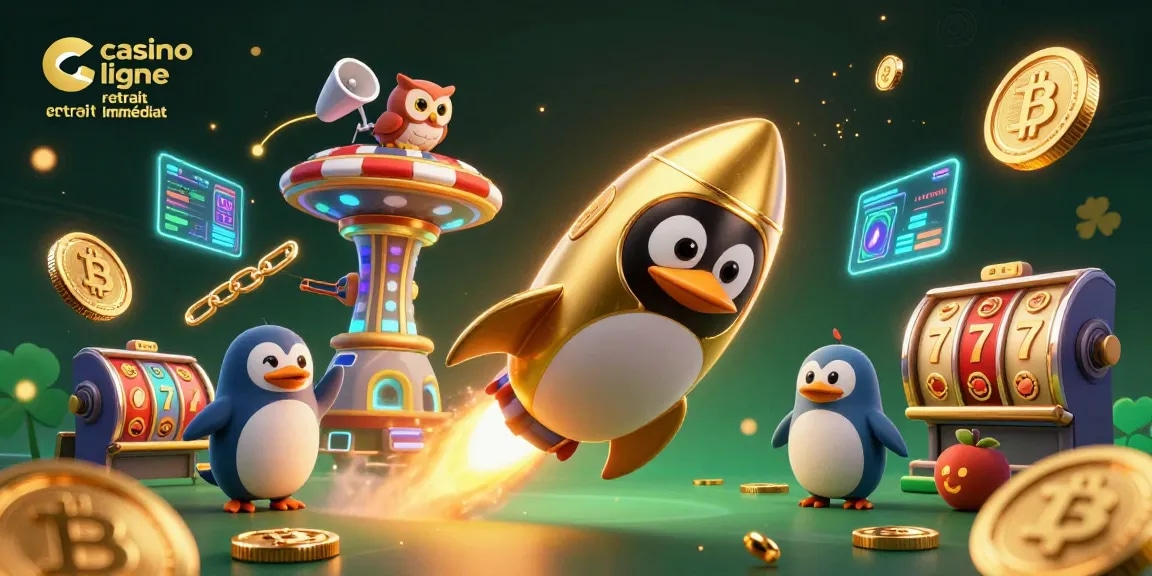Jouez à des jeux passionnants dans un casino en ligne avec retrait immédiat, représenté par un pingouin doré et des icônes de crypto-monnaie.