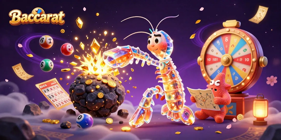 Baccarat gameplay scene with 3D animated characters, golden coins, and dynamic lottery elements.